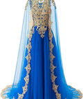 Elegant A Line Bridal Dress With Gold Applique Sleeveless Cape For Formal Wedding Party, blue gown with gold detailing