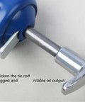 Close-up of blue and silver tie rod mechanism, showcasing stability feature, labeled with 'Thicken the tie rod' and 'stable oil output' text.