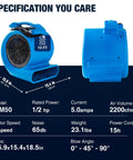 Powerful Half Horsepower Air Mover For Fast Carpet Drying And Floor Drying With 2200 CFM Air Flow Lightweight Design