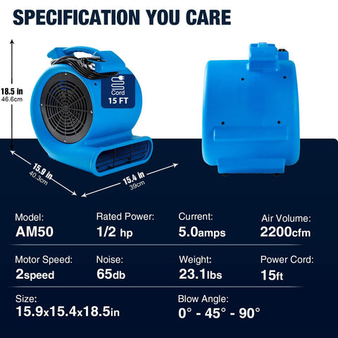 Powerful Half Horsepower Air Mover For Fast Carpet Drying And Floor Drying With 2200 CFM Air Flow Lightweight Design