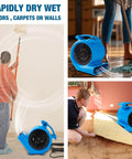 Powerful Half Horsepower Air Mover For Fast Carpet Drying And Floor Drying With 2200 CFM Air Flow Lightweight Design For Home Garage And Job Site Use Two Speed Settings By Mounto, shown in use on wet floors and carpets.