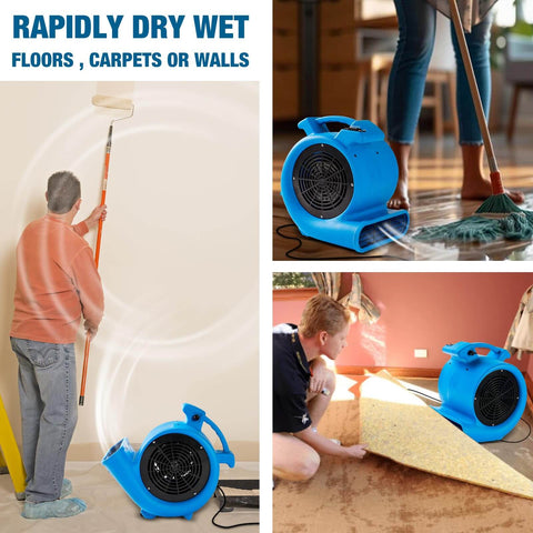 Powerful Half Horsepower Air Mover For Fast Carpet Drying And Floor Drying With 2200 CFM Air Flow Lightweight Design For Home Garage And Job Site Use Two Speed Settings By Mounto, shown in use on wet floors and carpets.