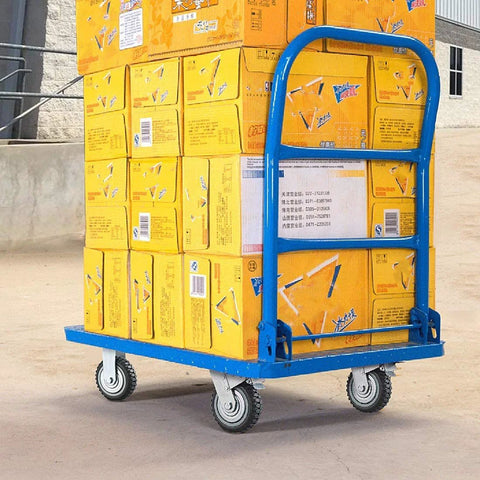 6 Inch Heavy Duty Plate Casters Set Of 4 With 360 Degree Swivel And Ball Bearing For Quiet Operation 200 Kg Per Wheel 600 Kg Total Load Rust Proof PU Wheel And Iron Bracket 2 With Brake Lock And 2 Without installed on a blue cart.