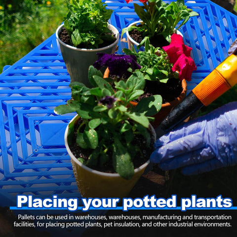 Blue 2 Pack Plastic Pallets With Breathable Grid Ventilation For Easy Storage In Supermarkets, Warehouses, Garages, And Basements Lightweight Waterproof And Wear Resistant 23.6 X 11.8 X 1.2 Inches holding potted plants on a lawn.