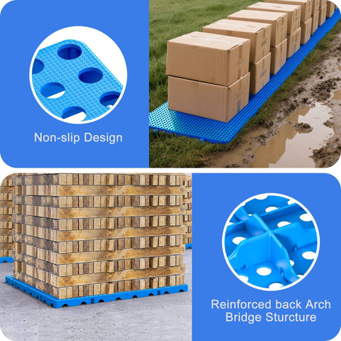 Six Pack Interlocking HDPE Plastic Pallets For Basement Storage shown in use with boxes, highlighting non-slip design and reinforced structure.