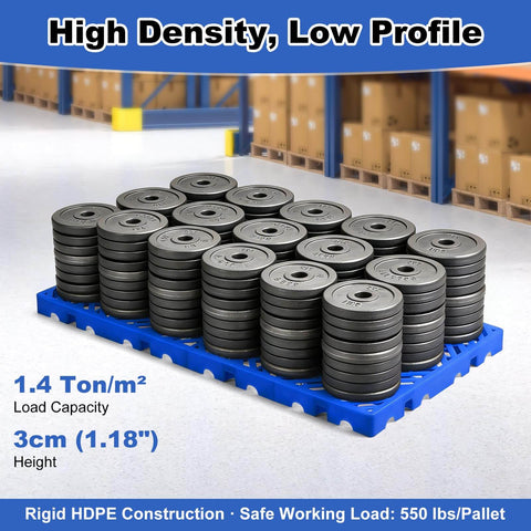 Interlocking 4 Pack Plastic Pallets with Buckle Lock System for Basement Storage, blue pallet with weights in warehouse