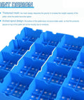 Close-up of blue HDPE pallet showing the 2 Pack Plastic Pallets With 0.3 Inch Round Holes And Breathable HDPE Grids For Garage Basement And Market Floors Lightweight Waterproof Storage Racks Nestable Non Slip Surface Square Support For Easy Mobility And Heavy Load Capacity, featuring thickened mesh and arched spout design.
