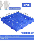 Six Piece Pack Of Plastic Pallets For Basement Storage Waterproof 50 By 50 Cm Ventilated Grid Mat with gloves shown