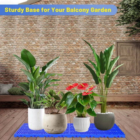 Nestable Plastic Pallets For Basement And Warehouse Storage Ten Pack 23.6x11.8x1.18 Inches Blue HDPE with plants on patio