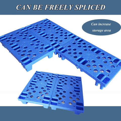 Set Of 6 Lightweight Blue Plastic Pallets For Warehouse And Kitchen Use, Nestable HDPE Polyethylene Pallets with breathable grid surface.