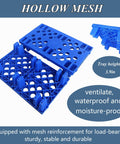 Set Of 6 Lightweight Blue Plastic Pallets For Warehouse And Kitchen Use, Nestable HDPE Polyethylene Pallets With Breathable Grid Surface For Moisture Proof Storage In Restaurant Kitchens, Shops And Supermarkets, 19.6 By 11.8 By 3.9 Inches shown in stackable configuration.