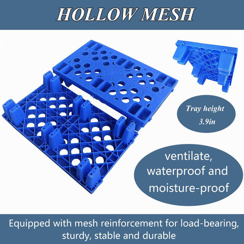 Set Of 6 Lightweight Blue Plastic Pallets For Warehouse And Kitchen Use, Nestable HDPE Polyethylene Pallets With Breathable Grid Surface For Moisture Proof Storage In Restaurant Kitchens, Shops And Supermarkets, 19.6 By 11.8 By 3.9 Inches shown in stackable configuration.