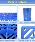 Close-up views of Nestable Plastic Pallets For Basement And Warehouse Storage Ten Pack 23.6x11.8x1.18 Inches Blue HDPE Moisture Proof Durable