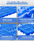 Blue 2 Pack Plastic Pallets With Breathable Grid Ventilation For Easy Storage In Supermarkets, Warehouses, Garages, And Basements Lightweight Waterproof And Wear Resistant 23.6 X 11.8 X 1.2 Inches features with HDPE material, carabiners, breathable mesh, and smooth surface details.