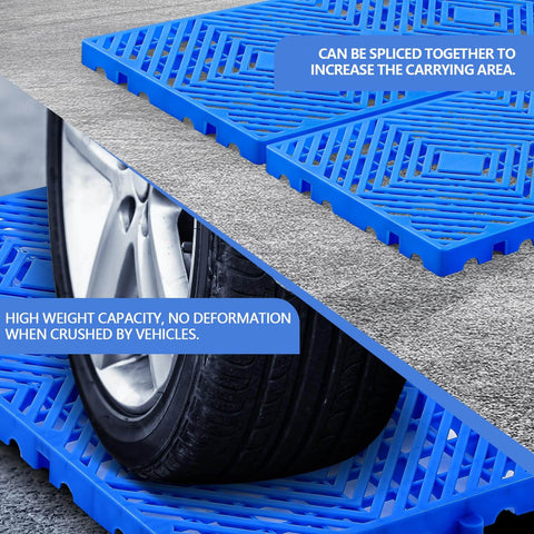 Car wheel on Blue 2 Pack Plastic Pallets With Breathable Grid Ventilation For Easy Storage In Supermarkets, Warehouses, Garages, And Basements
