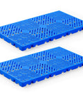 Blue 2 Pack Plastic Pallets With Breathable Grid Ventilation for easy storage in supermarkets, warehouses, 23.6 x 11.8 x 1.2 inches