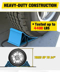 Heavy Duty Wheel Chocks 2-Pack for Cars, Trucks, RVs, Trailers and Motorcycles, blue chocks in use on vehicle tire, Nilight