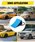 Heavy Duty Wheel Chocks 2-Pack for Cars, Trucks, RVs, Trailers and Motorcycles - Secure, Durable Poly Wheel Stops with Pull Strap shown with various vehicles.