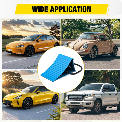Heavy Duty Wheel Chocks 2-Pack for Cars, Trucks, RVs, Trailers and Motorcycles - Secure, Durable Poly Wheel Stops with Pull Strap shown with various vehicles.