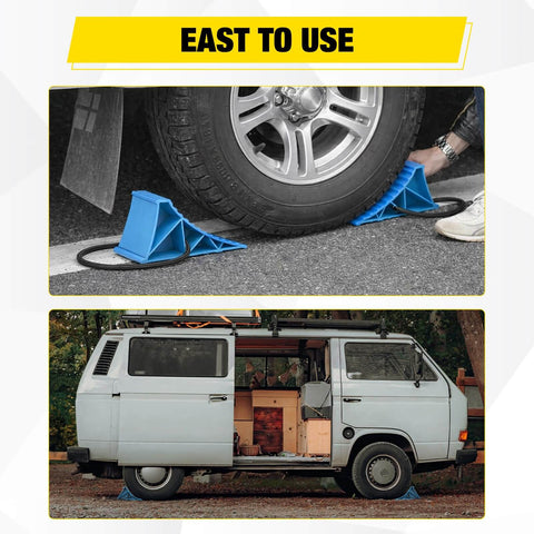 Heavy Duty Wheel Chocks 2-Pack for Cars, Trucks, RVs, Trailers and Motorcycles - Secure, Durable Poly Wheel Stops in use with van and tire