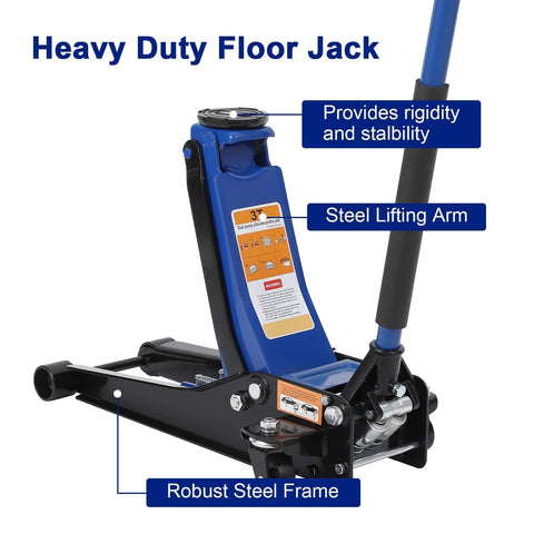 Low Profile 3 Ton Hydraulic Floor Jack With Dual Piston Quick Lift For Cars Trucks SUVs GarveeTech Lift Range From 3 Inches Up To Nineteen And A Half Inches Heavy Duty Steel Construction Blue