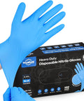 Person wearing Blue 6 Mil Heavy Duty Nitrile Gloves Textured Powder Free Latex Free Box Of 100 with box in background