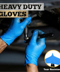 Person wearing Blue 6 Mil Heavy Duty Nitrile Gloves Textured Powder Free Latex Free Box Of 100 while tightening bolt