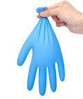 Person holding Blue 6 Mil Heavy Duty Nitrile Glove, Textured, Powder Free, Latex Free, Box Of 100, demonstrating flexibility.