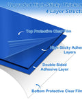 Heavy Duty Sticky Mat Tacky Adhesive Pads 300 Sheets Bulk Pack, 4-layer blue structure with protective films and adhesive layers illustrated.