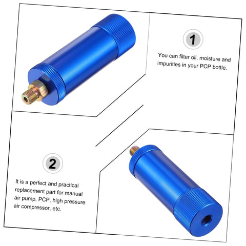 Heavy Duty Water Oil Separator For High Pump Systems With Alloy Aluminum Design And Built To Last Automatic Lubrication For Pneumatic Tools Dual Filtration System And Compressor Accessory in blue, showing dual filtration system.