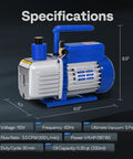 Easy DIY HVAC Vacuum Pump Kit 110V One Quarter HP 3.5 CFM Single Stage Rotary Vane in blue with specifications detailed.
