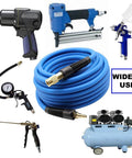 Hybrid Air Hose Three Eighths Inch By Twenty Five Feet 300 PSI with tools and air compressor, blue, lightweight, kink resistant, bend restrictors.