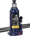 Beefed Up 6 Ton Hydraulic Bottle Jack For Cars Trucks And SUVs By Torin With Serrated Heat Treated Saddle For Secure Lift And Wide Contact Patch Lifts From Eight And A Quarter Inches To Fifteen And Fifteen Sixteenths Inches Blue