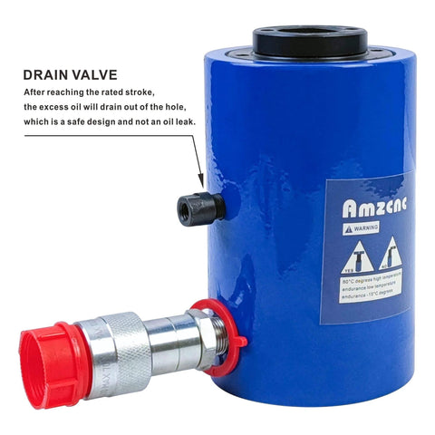Beefy 30 Ton Hollow Hydraulic Cylinder Jack With Four Inch Stroke 100mm Single Acting Ram 10,000 PSI Max Pressure side view