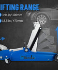 Side view of Low Profile 2.5 Ton Hydraulic Floor Car Jack For Cars And SUVs With Lifting Range From 3.35 Inches To 14.57 Inches Built In Heavy Duty Steel For Home Garage Shop Use Blue By Tonda, showing lifting process and dimensions.