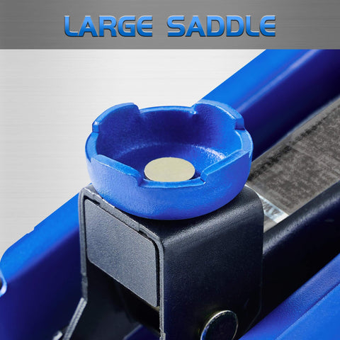 Close-up of the hydraulic saddle of the Hydraulic Floor Jack 1.5 Ton Portable Car Lift With 4.9 To 11.8 Inch Lift Range Blue Durable Steel Construction Safe Overload Valve Easy To Use For Most Cars Budget Friendly.