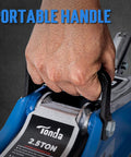 Close-up of hand holding handle of Low Profile 2.5 Ton Hydraulic Floor Car Jack For Cars And SUVs With Lifting Range From 3.35 Inches To 14.57 Inches Built in Heavy Duty Steel For Home Garage Shop Use Blue By Tonda
