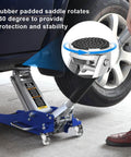 Low Profile 1.5 Ton Hydraulic Racing Floor Jack With Dual Piston Quick Lift Pump Aluminum And Steel Construction Side Handle Non Slip Knurled Grip Blue Finish By Torin lifting a car