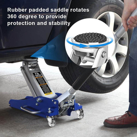 Low Profile 1.5 Ton Hydraulic Racing Floor Jack With Dual Piston Quick Lift Pump Aluminum And Steel Construction Side Handle Non Slip Knurled Grip Blue Finish By Torin lifting a car