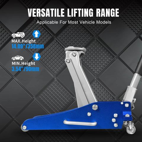 Side view of Low Profile 1.5 Ton Hydraulic Racing Floor Jack With Dual Piston Quick Lift Pump Aluminum And Steel Construction.