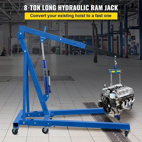 Beefy 8 Ton Hydraulic Long Ram Jack With Single Piston Pump And Clevis Base For Garage and Shop Cranes lifting engine in workshop