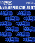 12 Piece Industrial IM Type Plug Air Fittings Set With One Quarter Inch NPT Male Threads, blue anodized finish display