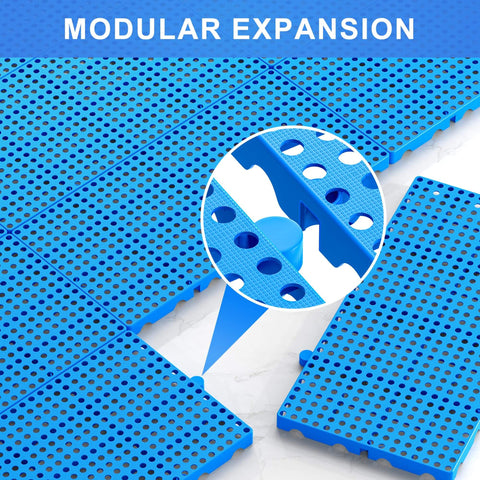 Six Pack Interlocking HDPE Plastic Pallets For Basement Storage showing modular expansion and vented base detail.