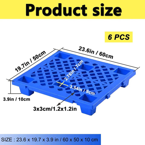 Blue six pack plastic pallet with interlocking grids shown with measurements, used for indoor and outdoor storage, breathable HDPE construction.