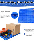 Interlocking 4 Pack Plastic Pallets with Buckle Lock System for Basement Storage, showing modular feature and stability with tools and box.