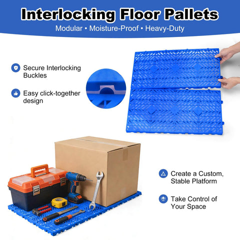 Interlocking 4 Pack Plastic Pallets with Buckle Lock System for Basement Storage, showing modular feature and stability with tools and box.