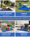Interlocking 4 Pack Plastic Pallets with Buckle Lock System used for patio, camping, garden shed, and worksite storage.