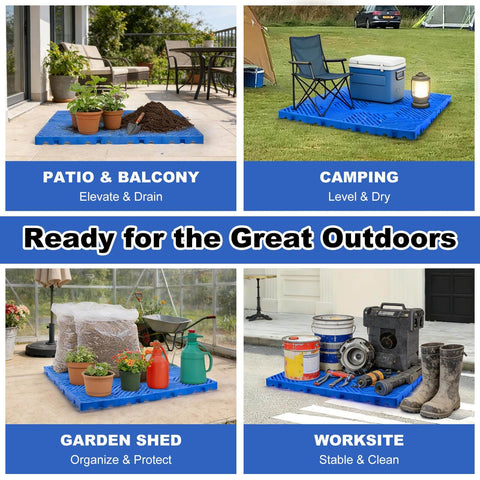 Interlocking 4 Pack Plastic Pallets with Buckle Lock System used for patio, camping, garden shed, and worksite storage.