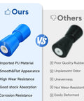 Comparison between 8" Heavy Duty Marine Keel Roller Blue Bow Roller and standard black roller highlighting material and durability differences.