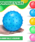 Hand holding blue 4.72-inch bouncy spiky ball, part of 24 Pieces Knobby Balls 4.72" Bouncy Spiky Sensory Ball Bulk Soft Inflatable Massage Toy